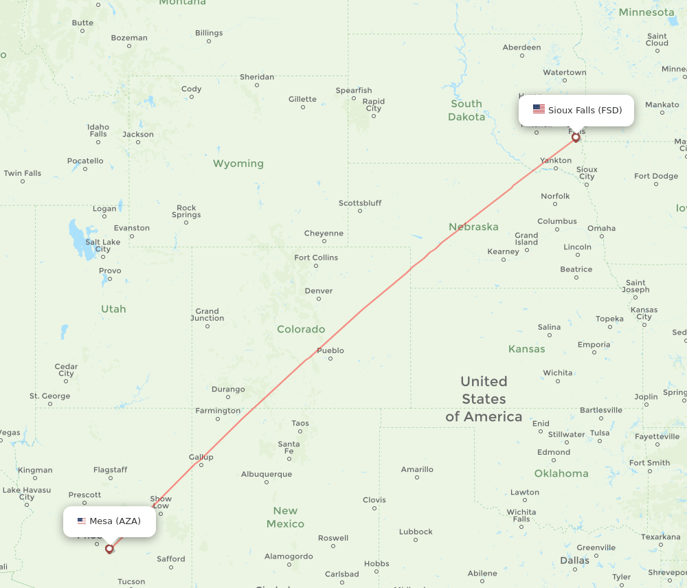 Mesa - Sioux Falls route map and flight paths