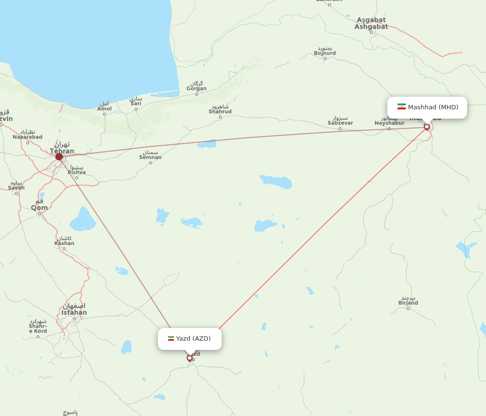 AZD to MHD flights and routes map