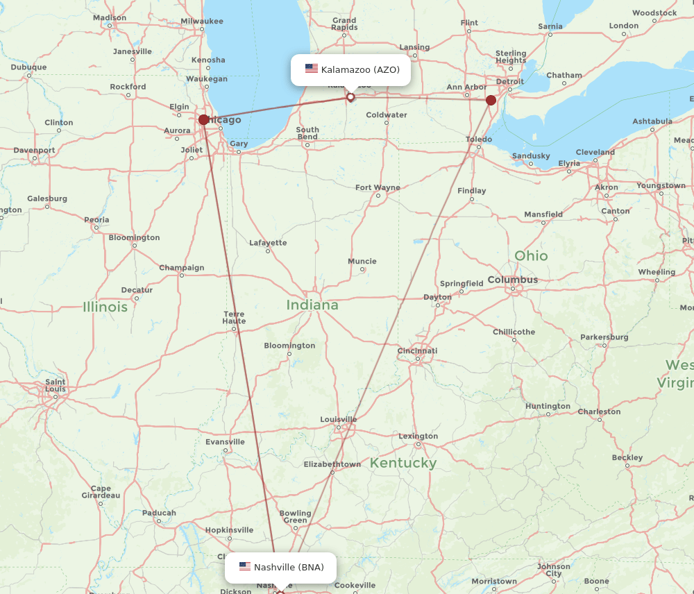 AZO-BNA flight routes
