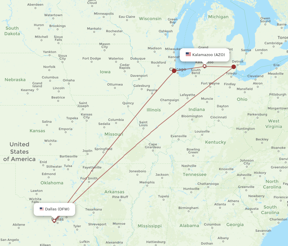 AZO to DFW flights and routes map