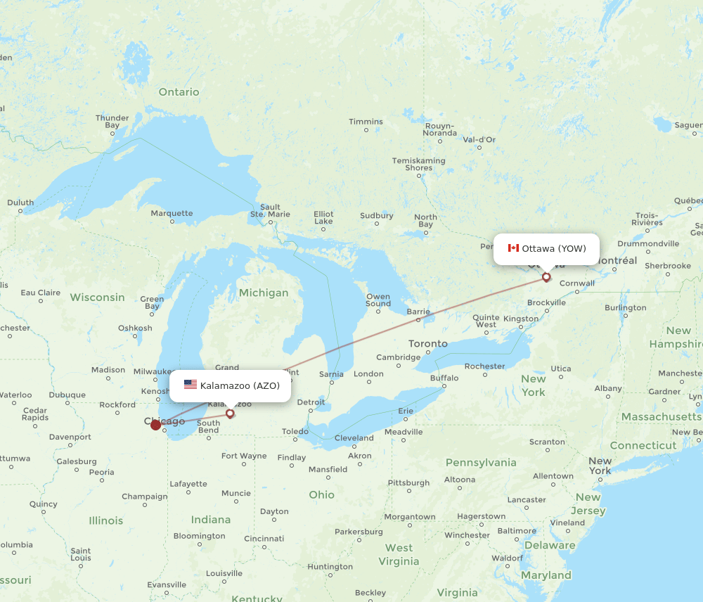 AZO to YOW flights and routes map