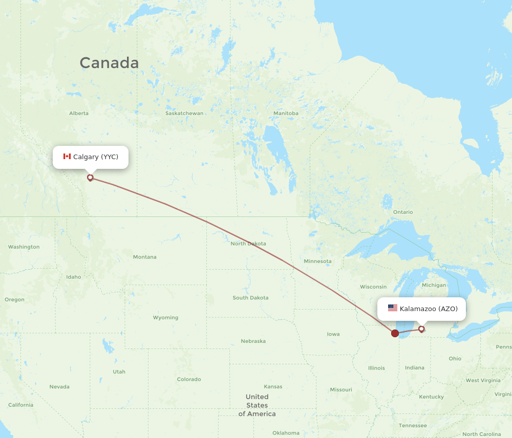 AZO to YYC flights and routes map
