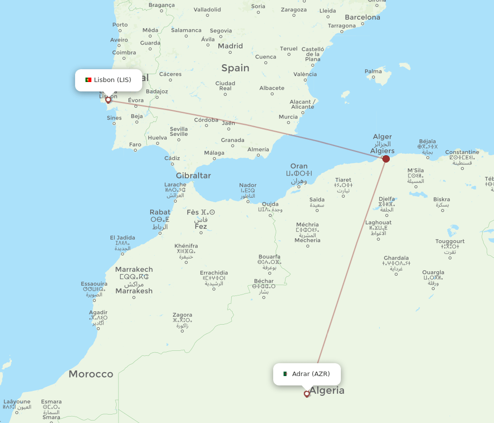 Lisbon - Adrar route map and flight paths