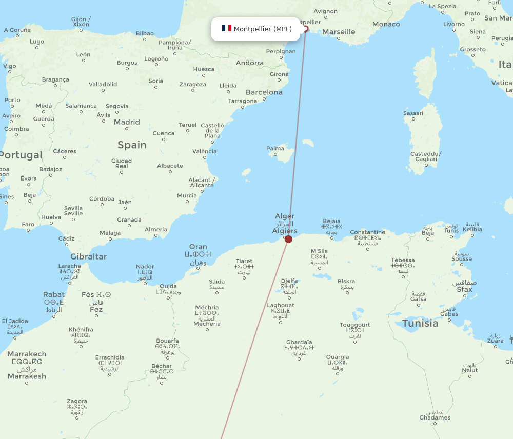 Montpellier - Adrar route map and flight paths