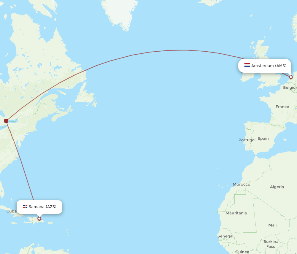 Amsterdam - El Catey/Samana route map and flight paths