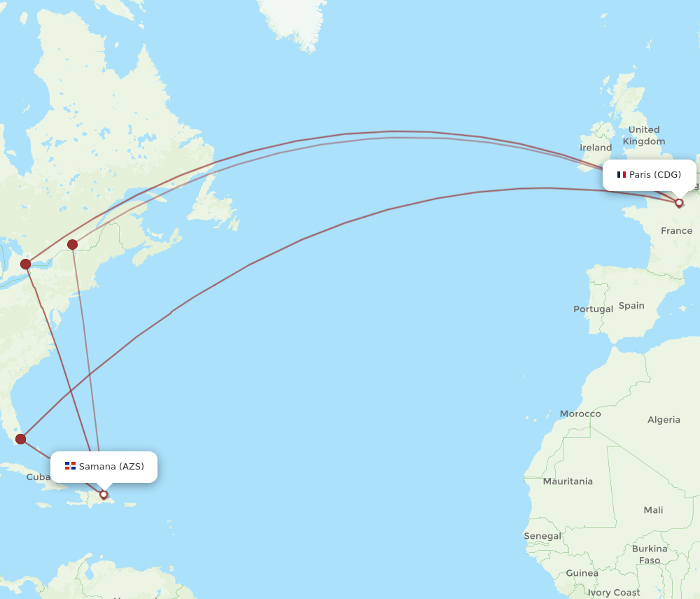 AZS to CDG flights and routes map