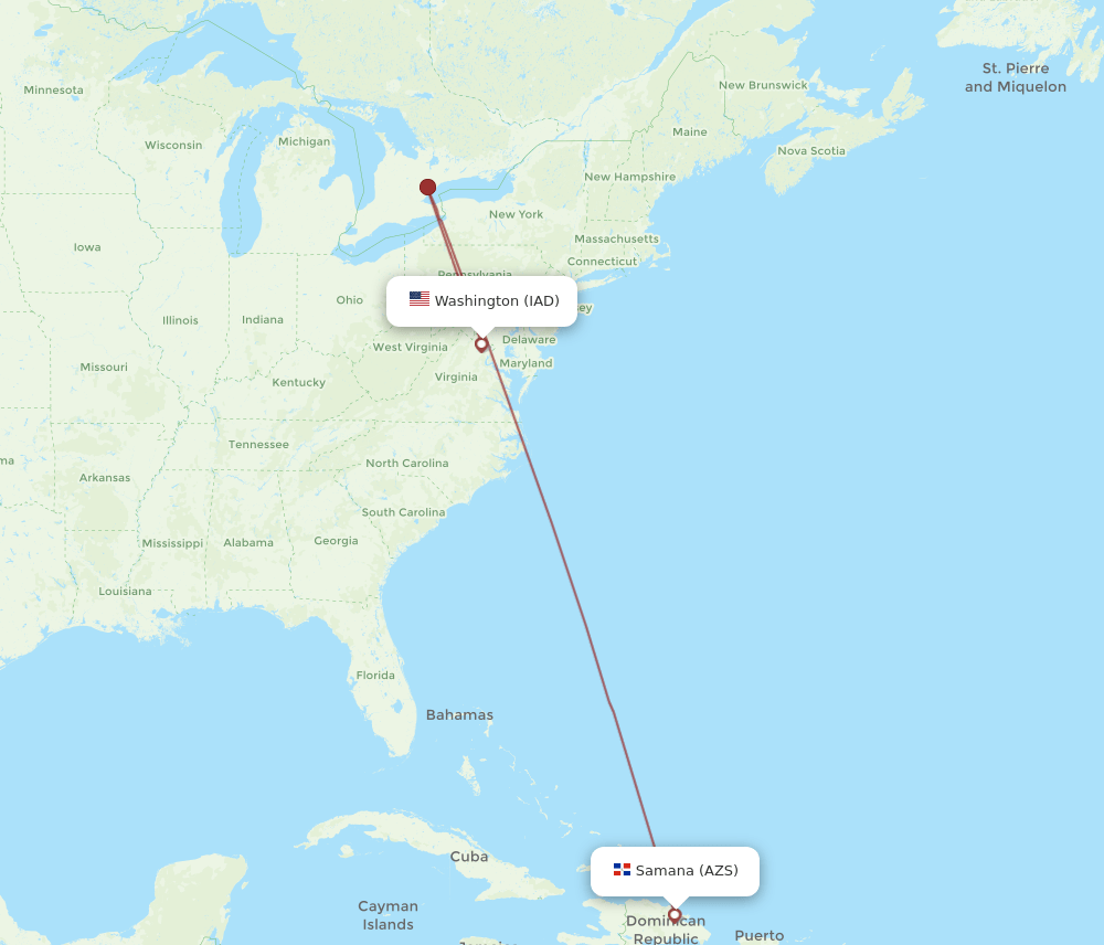 Dulles - El Catey/Samana route map and flight paths