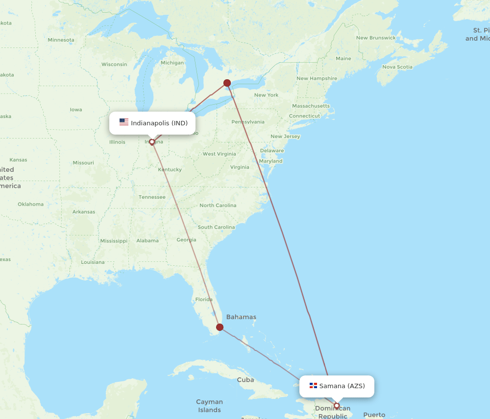 El Catey/Samana - Indianapolis route map and flight paths