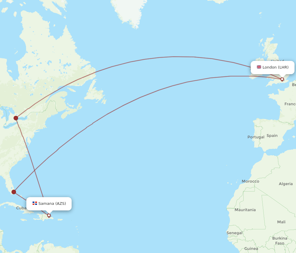 London - El Catey/Samana route map and flight paths