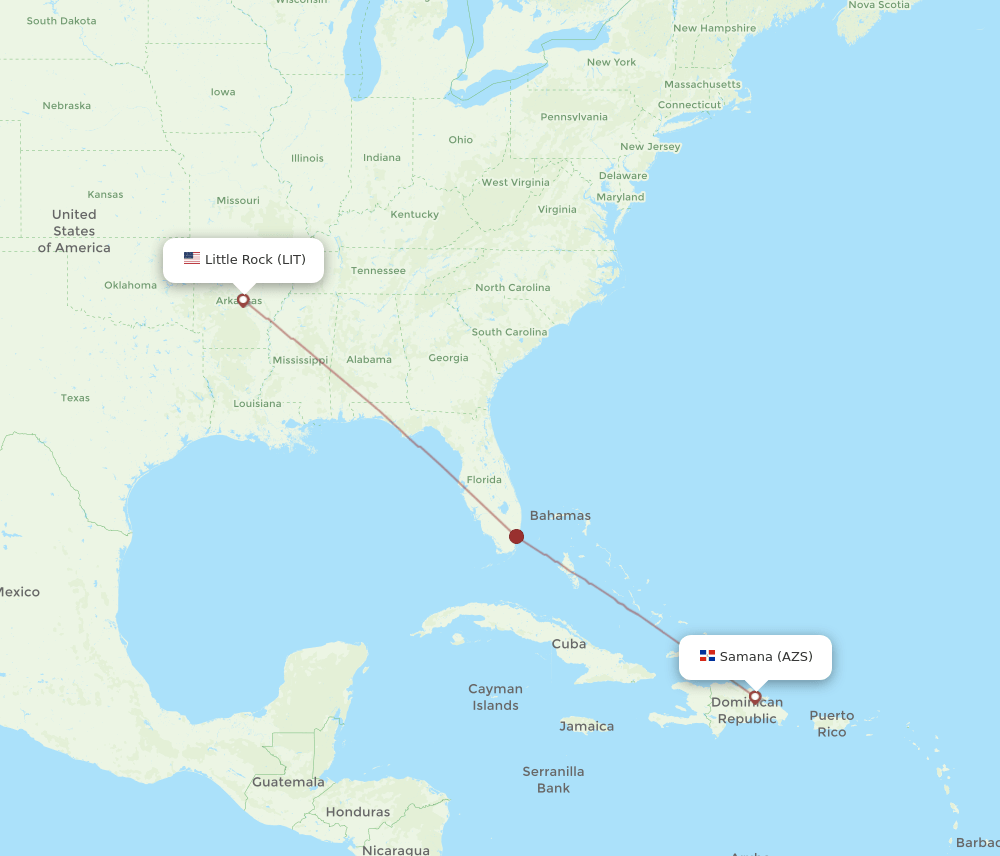 El Catey/Samana - Little Rock route map and flight paths