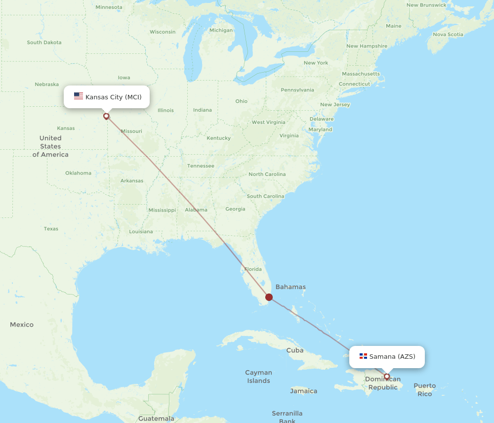 El Catey/Samana - Kansas City route map and flight paths