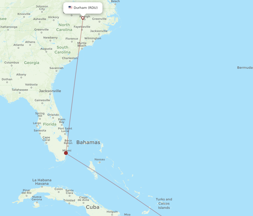 El Catey/Samana - Raleigh/Durham route map and flight paths