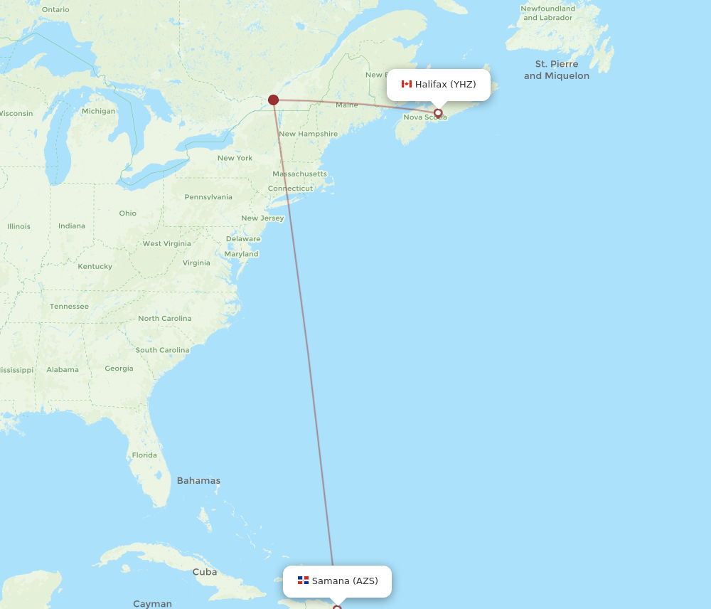 AZS to YHZ flights and routes map