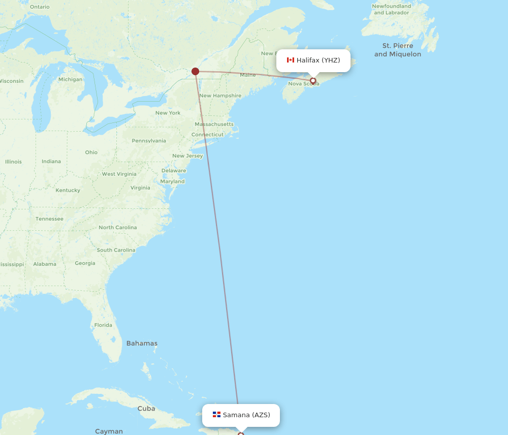 AZS to YHZ flights and routes map