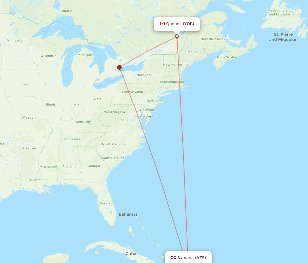 AZS to YQB flights and routes map