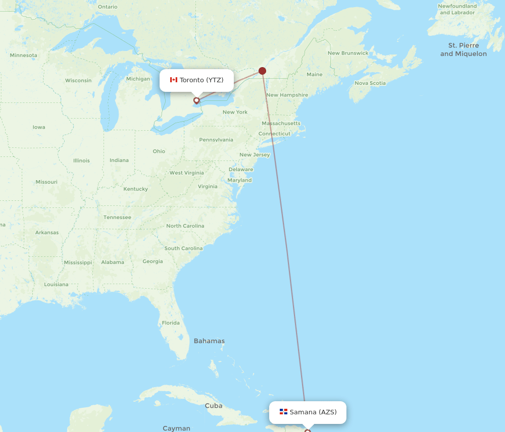 AZS to YTZ flights and routes map