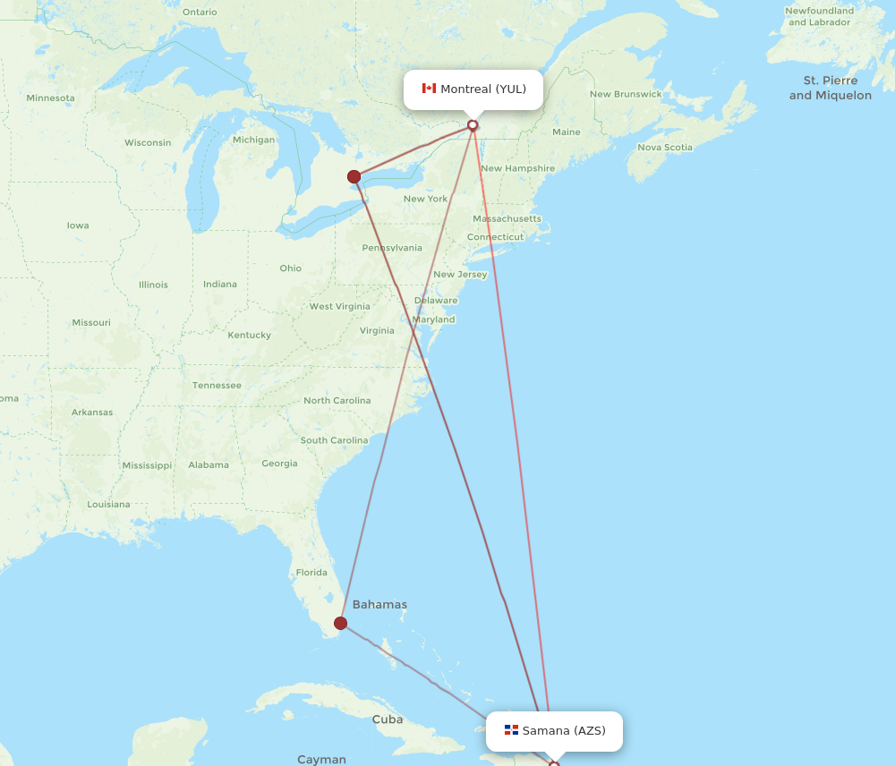 AZS to YUL flights and routes map