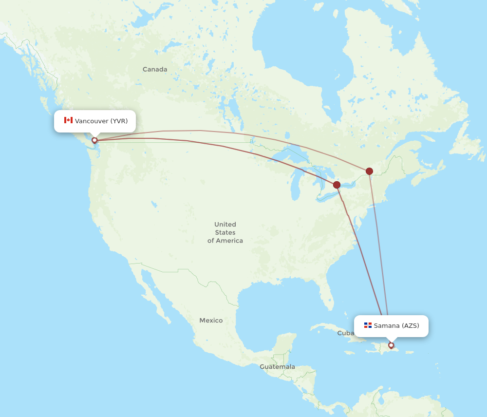 AZS to YVR flights and routes map