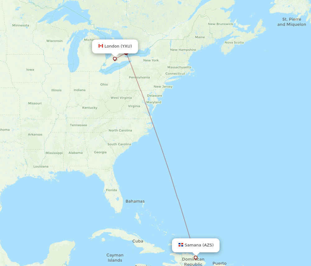 London - El Catey/Samana route map and flight paths