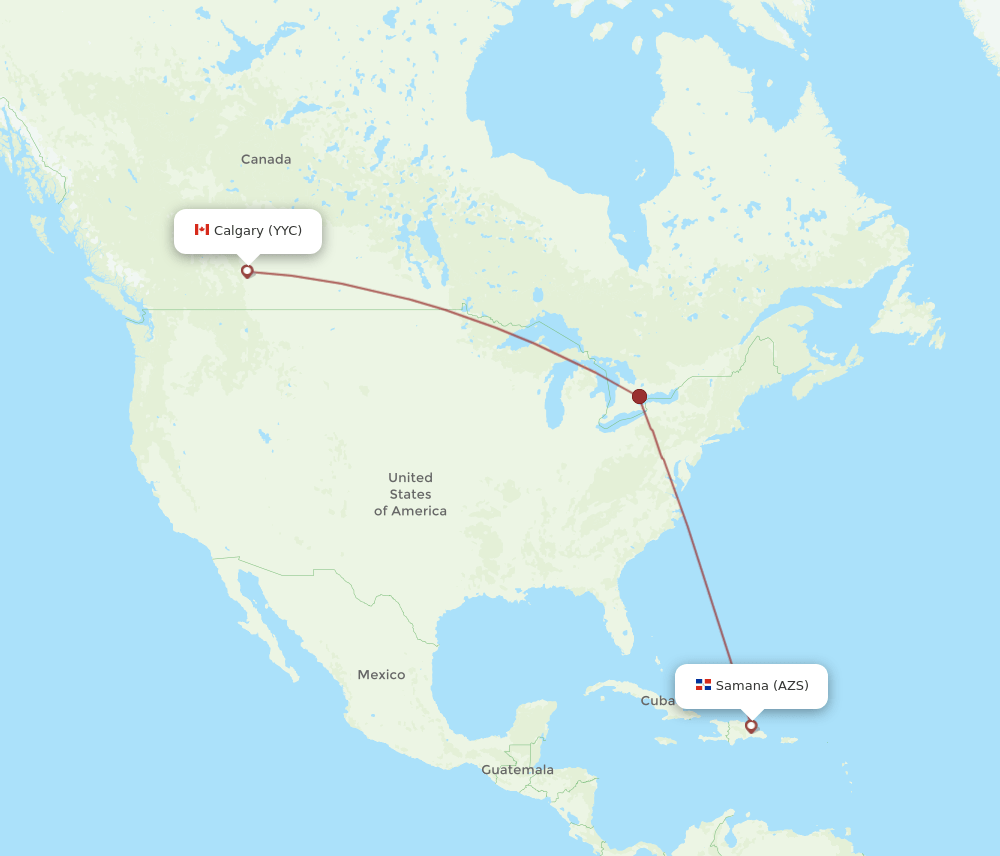 Calgary - El Catey/Samana route map and flight paths