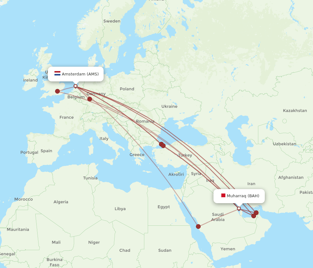 BAH-AMS flight routes