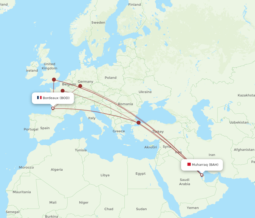 BAH to BOD flights and routes map