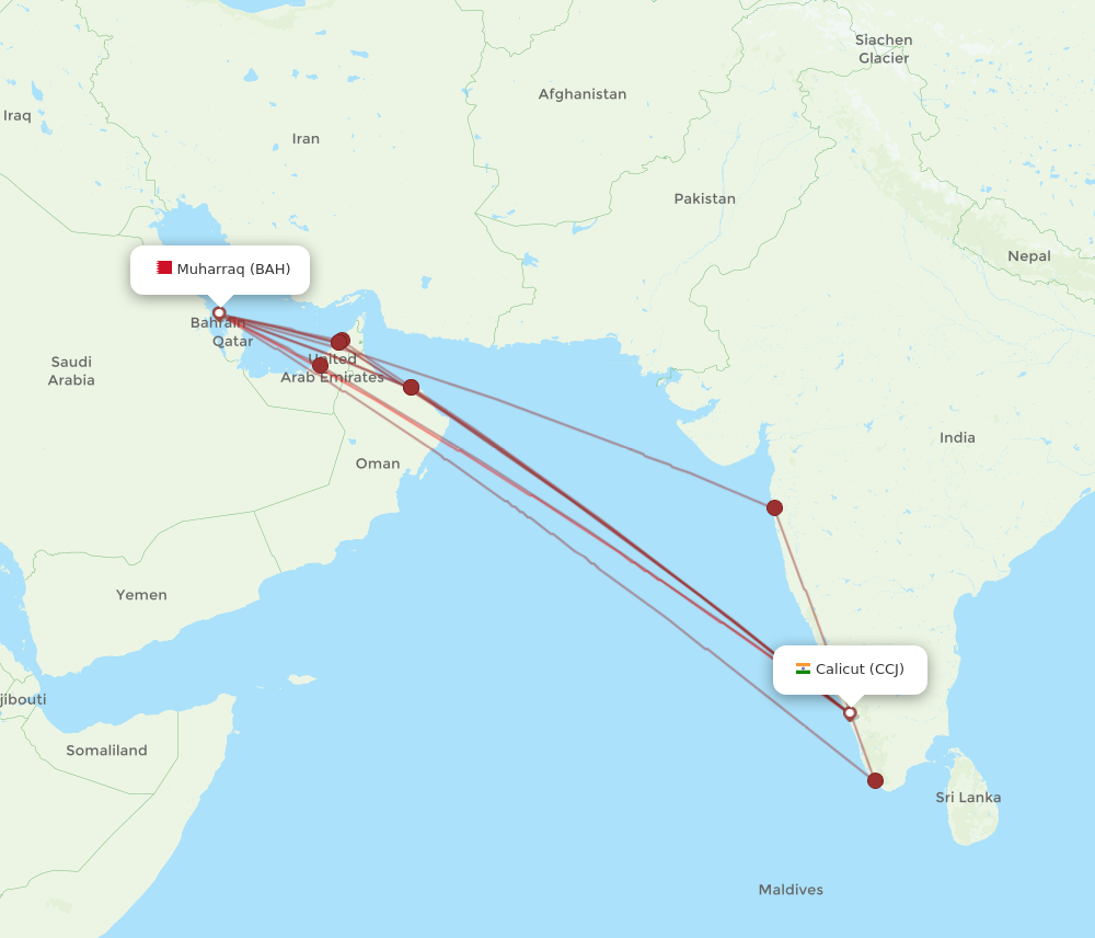 BAH to CCJ flights and routes map