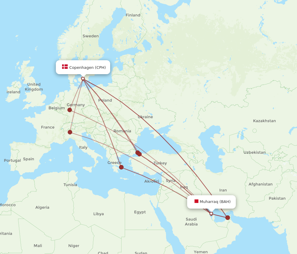 BAH to CPH flights and routes map