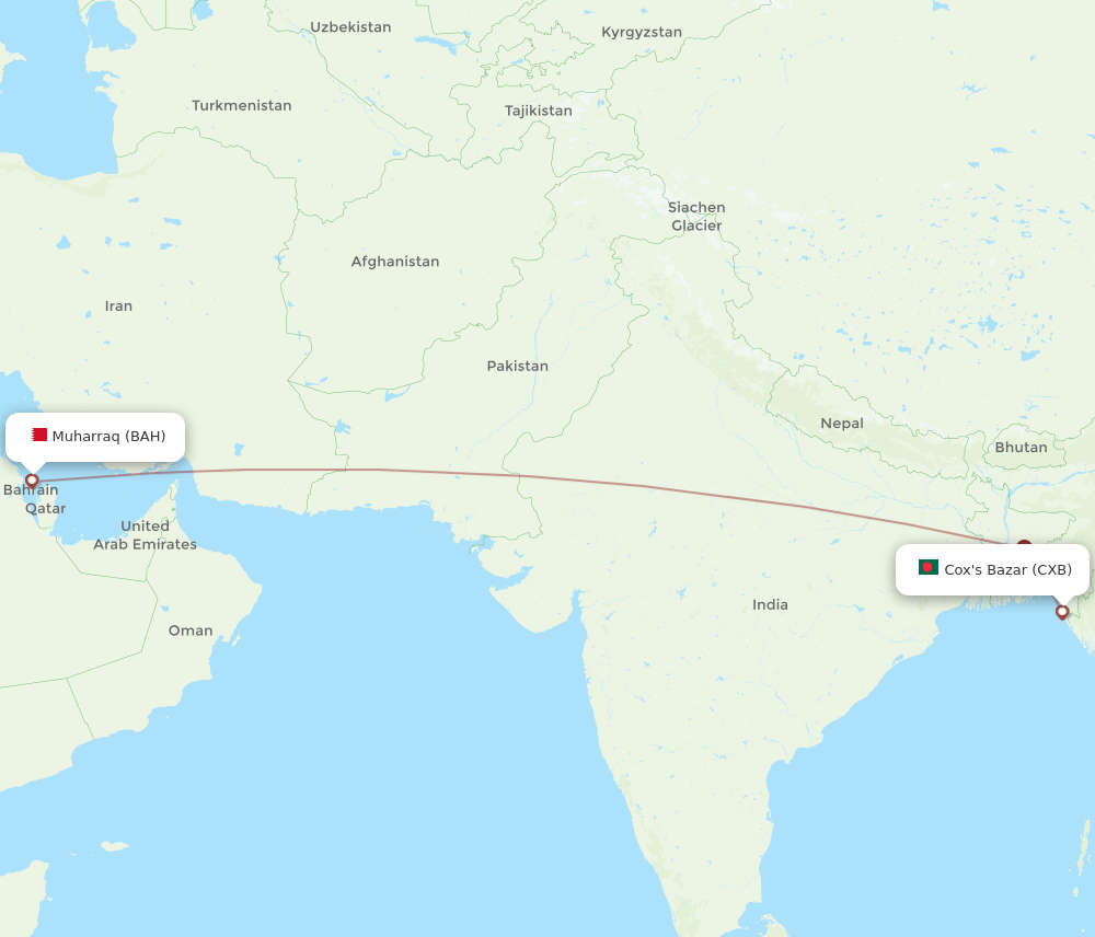 Bahrain - Coxs Bazar route map and flight paths