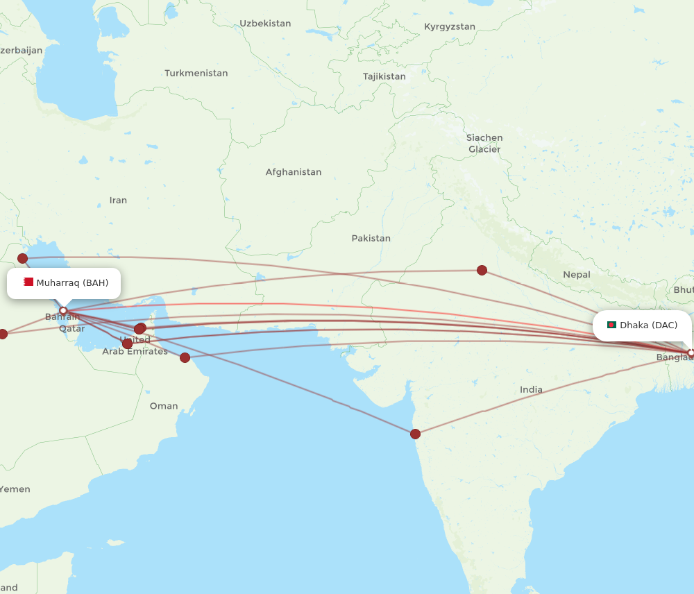 BAH to DAC flights and routes map