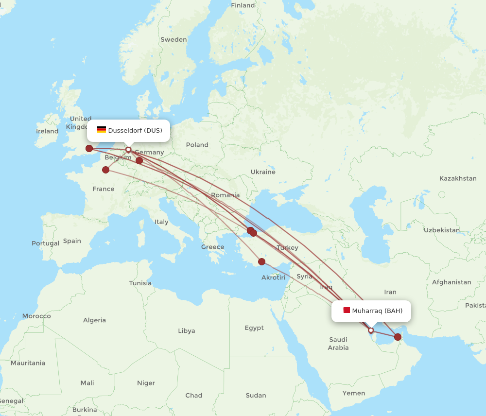 BAH to DUS flights and routes map