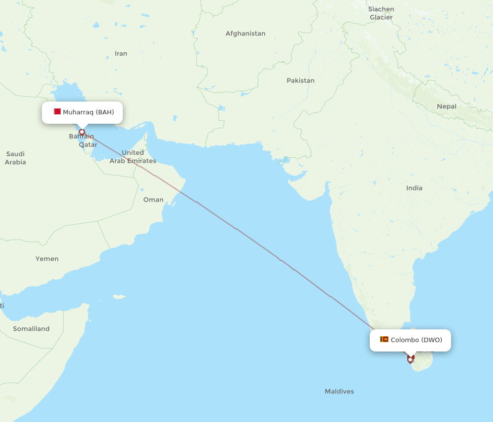 Bahrain - Colombo route map and flight paths