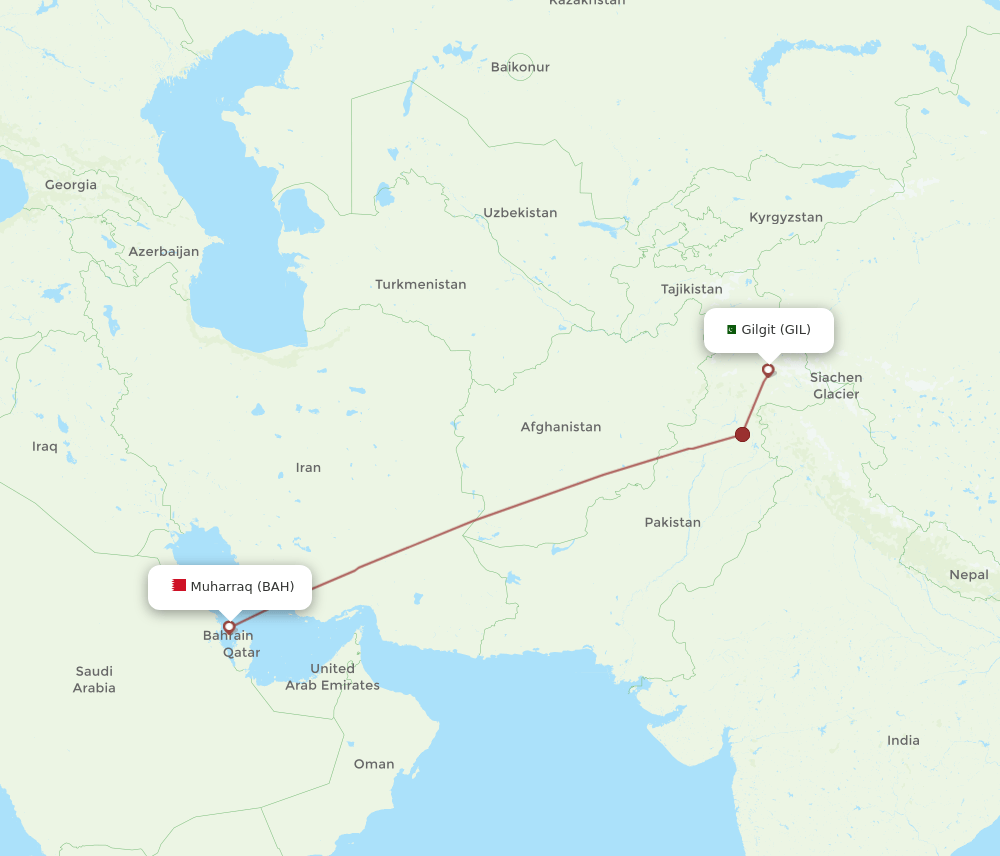 Gilgit - Bahrain route map and flight paths
