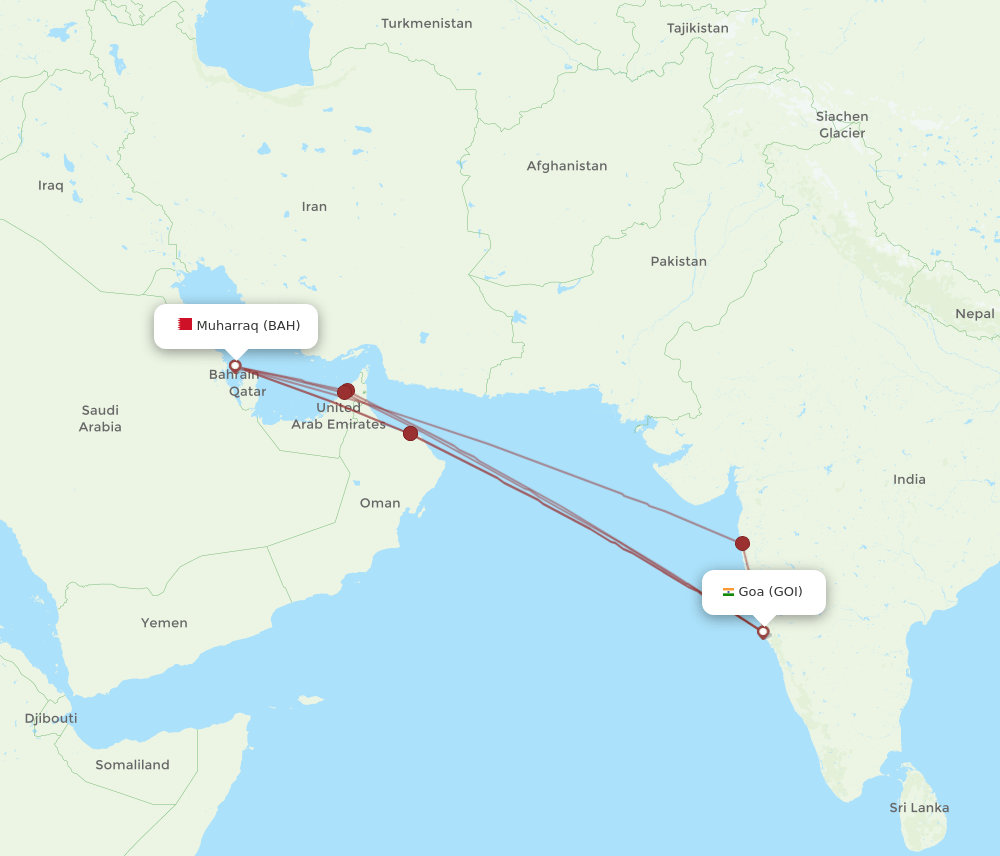 Bahrain - Goa route map and flight paths