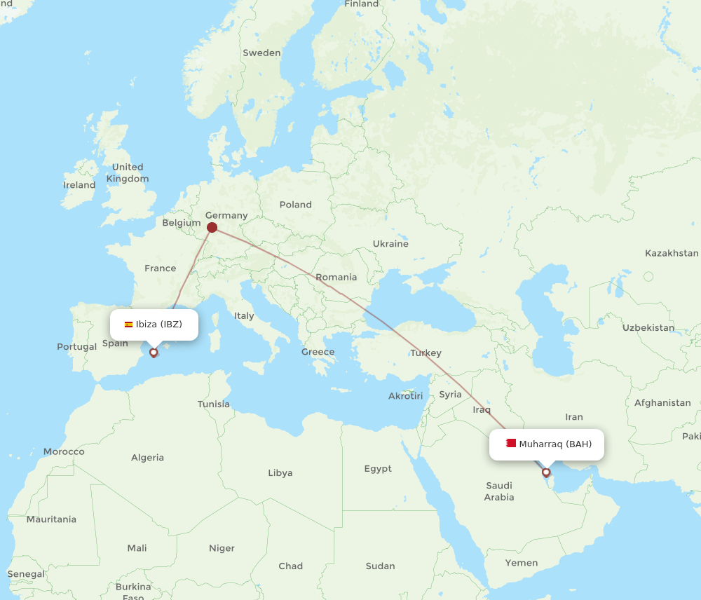 Ibiza - Bahrain route map and flight paths