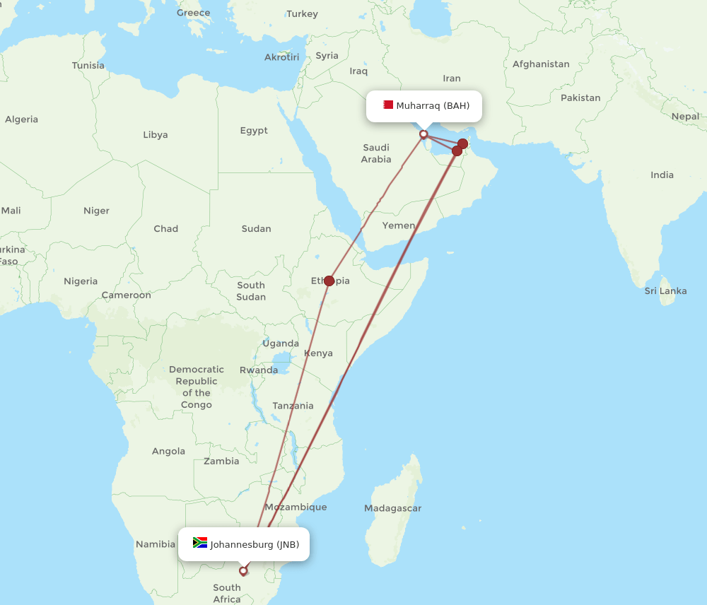 BAH-JNB flight routes