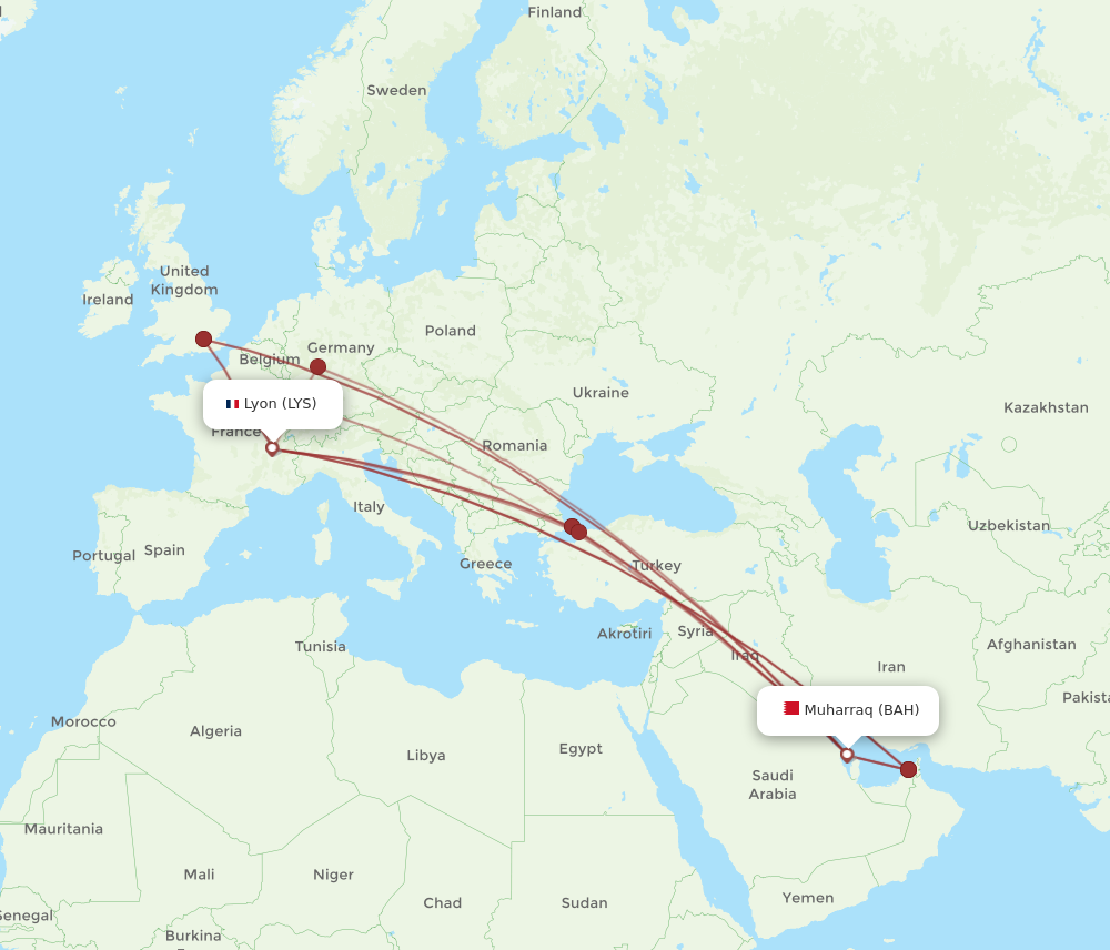 BAH to LYS flights and routes map