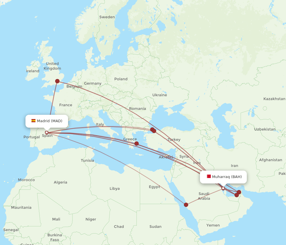 BAH-MAD flight routes
