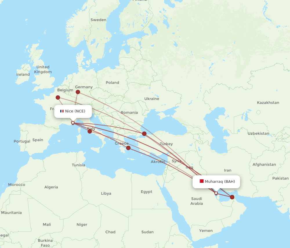 BAH to NCE flights and routes map