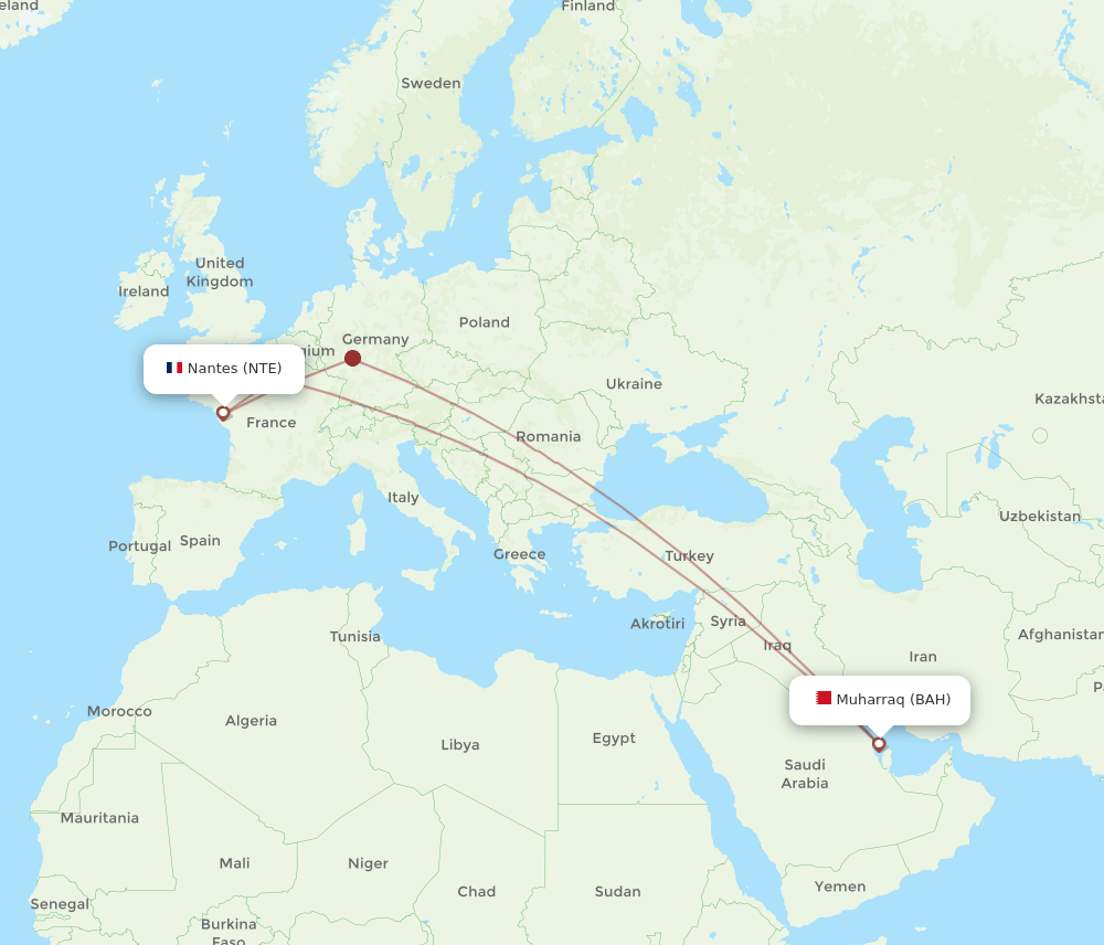 BAH to NTE flights and routes map