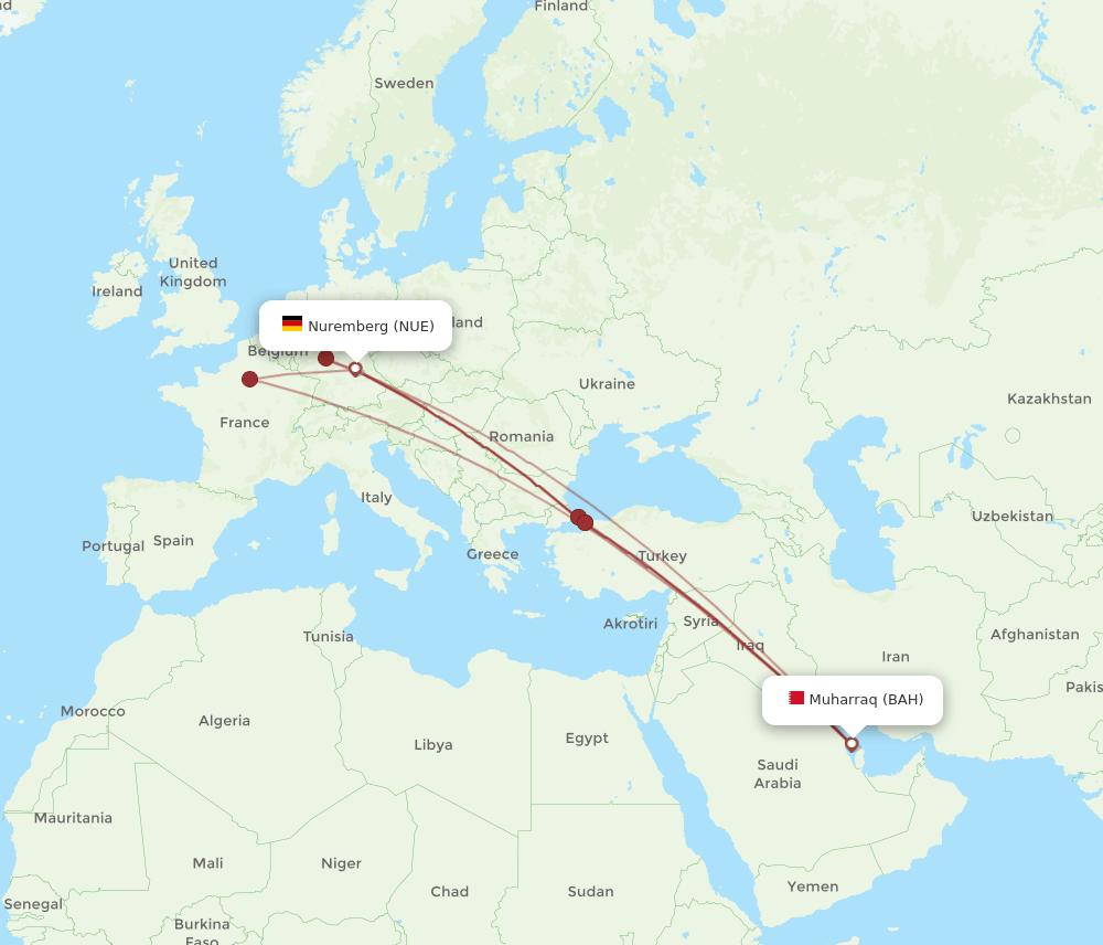 BAH to NUE flights and routes map