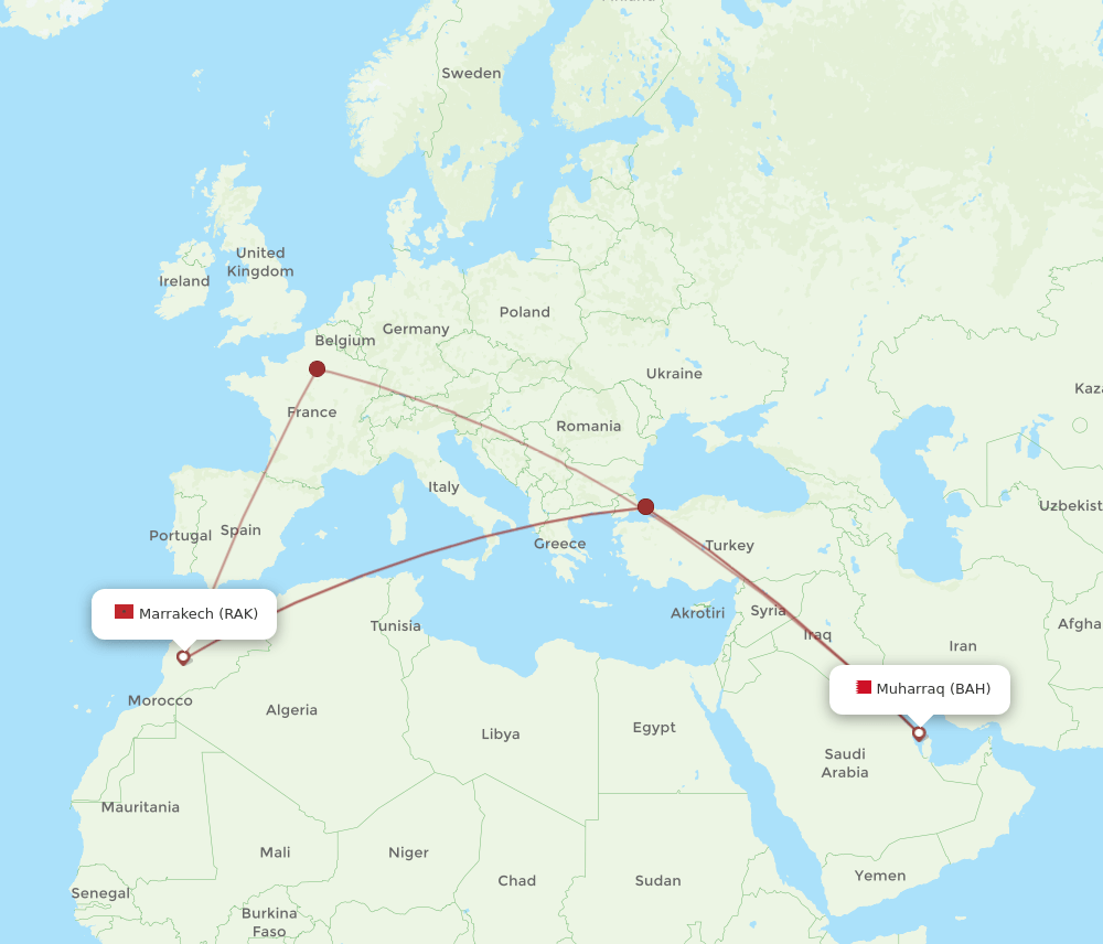 BAH to RAK flights and routes map