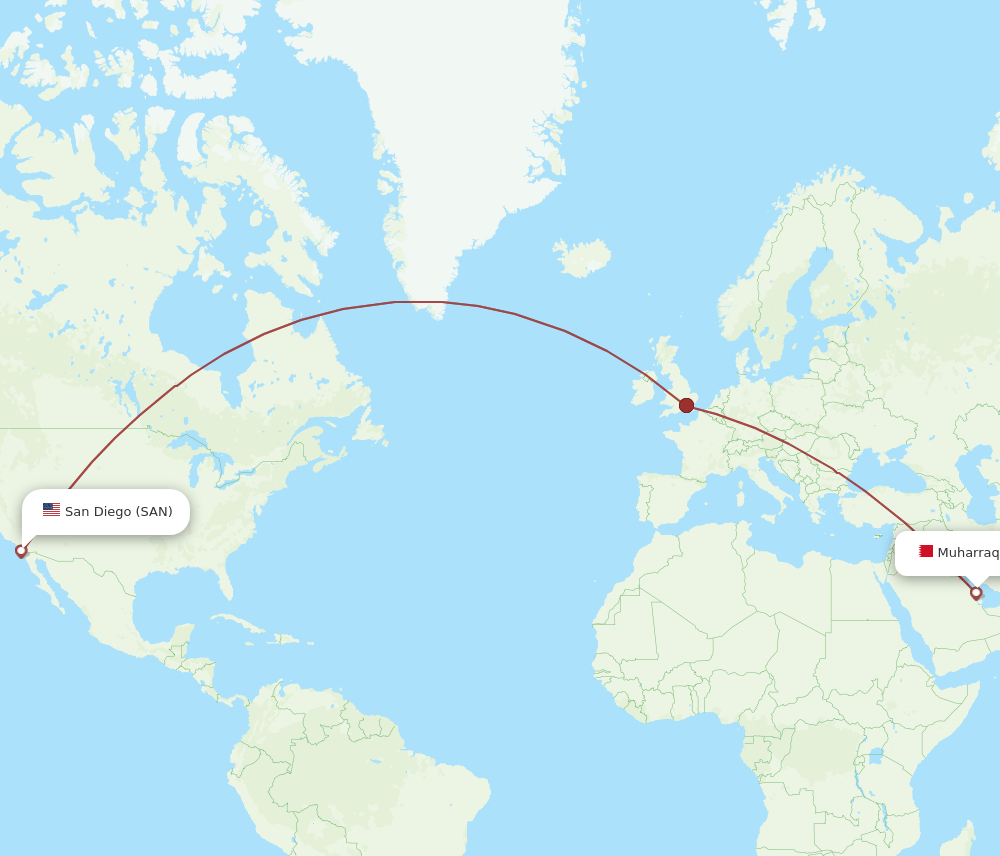 San Diego - Bahrain route map and flight paths