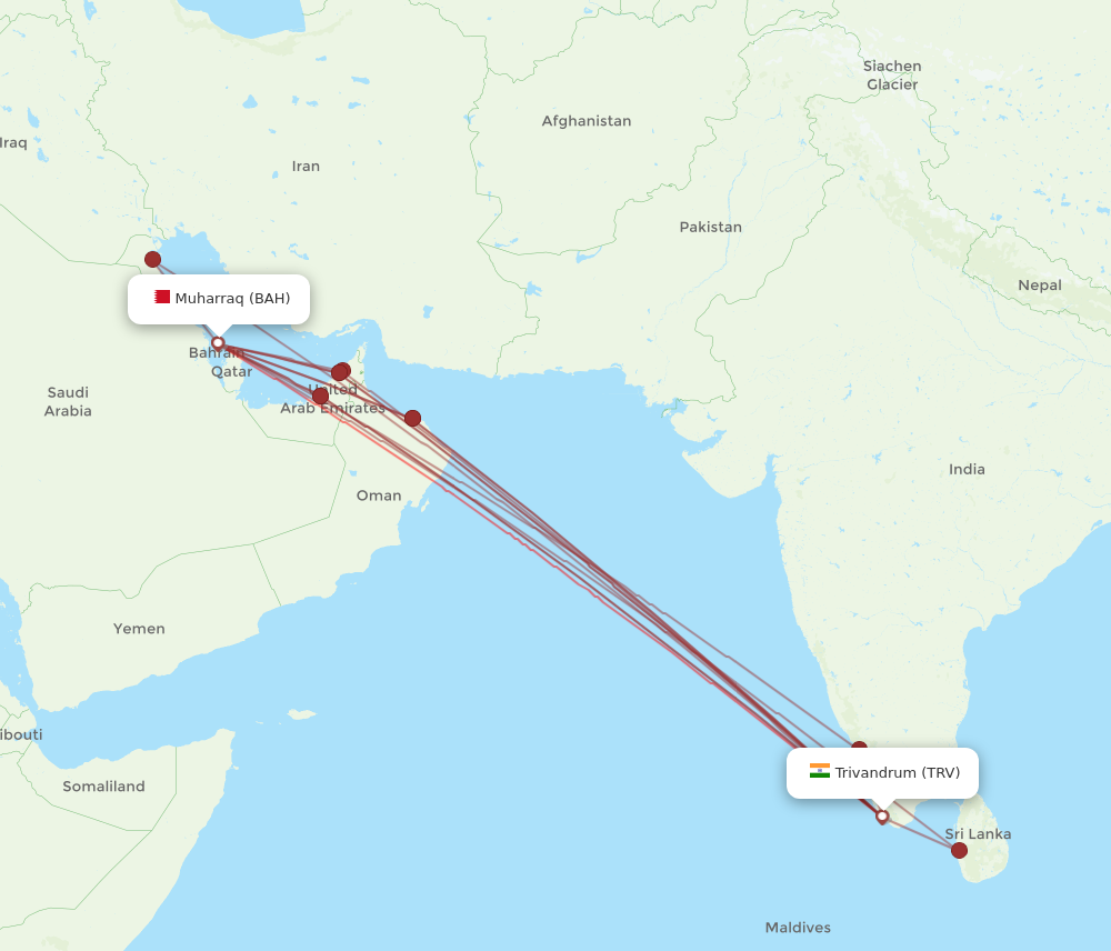 BAH to TRV flights and routes map