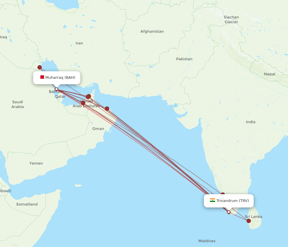 BAH-TRV flight routes