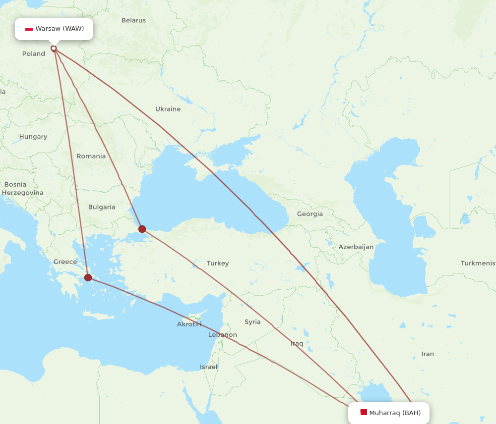 BAH to WAW flights and routes map
