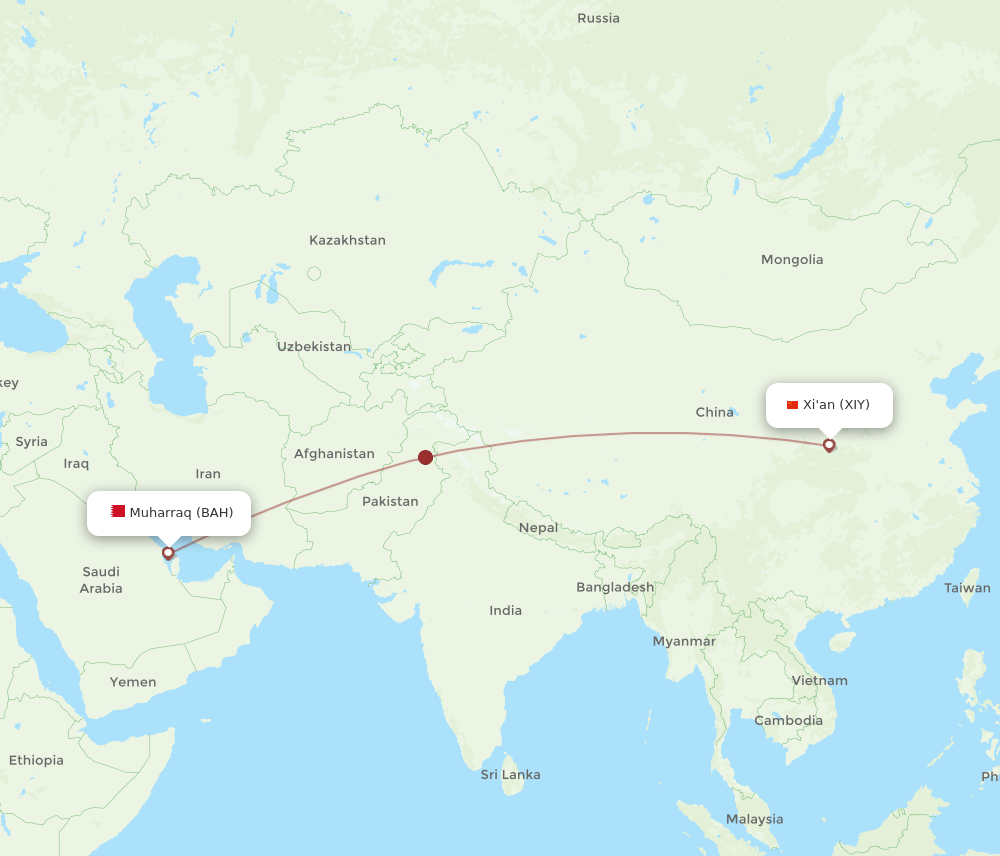 Xian - Bahrain route map and flight paths