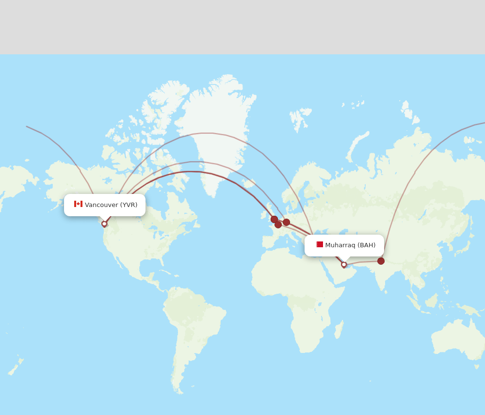 Vancouver - Bahrain route map and flight paths