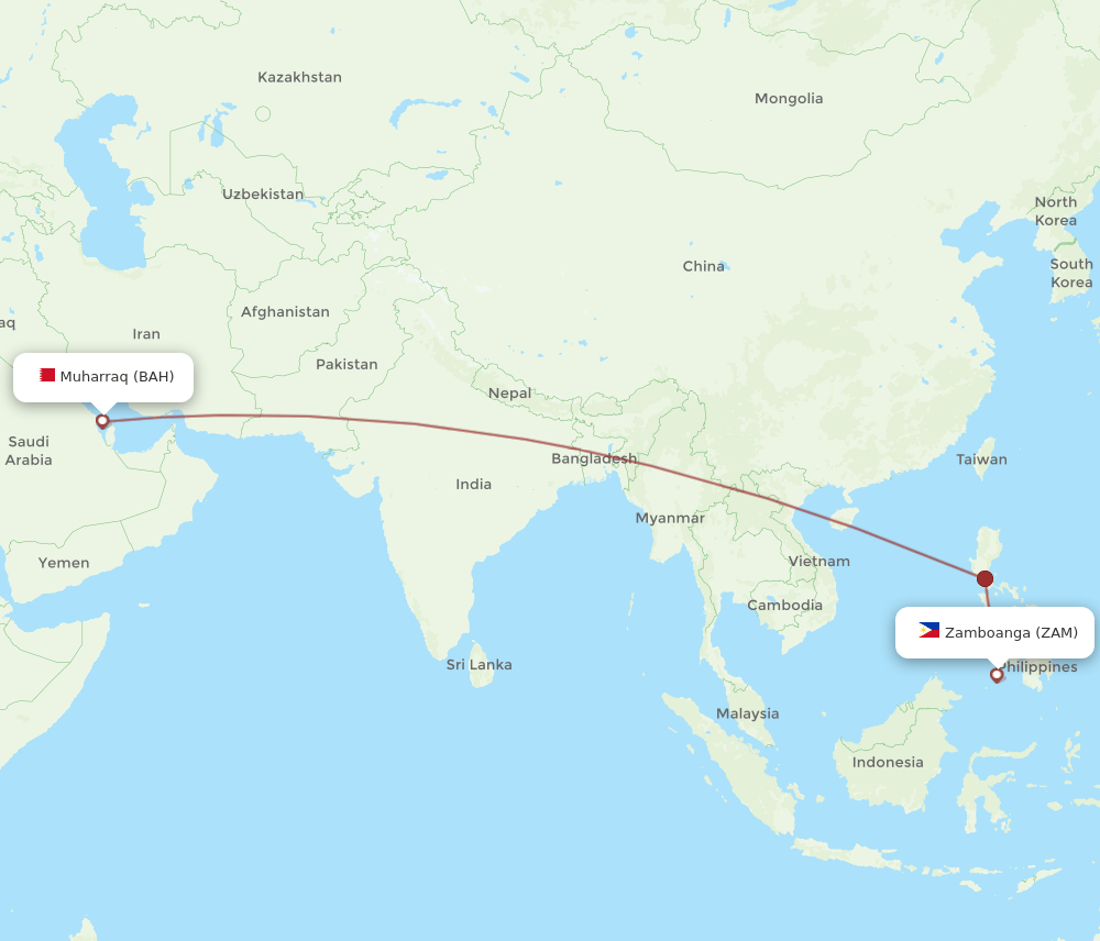 Zamboanga - Bahrain route map and flight paths