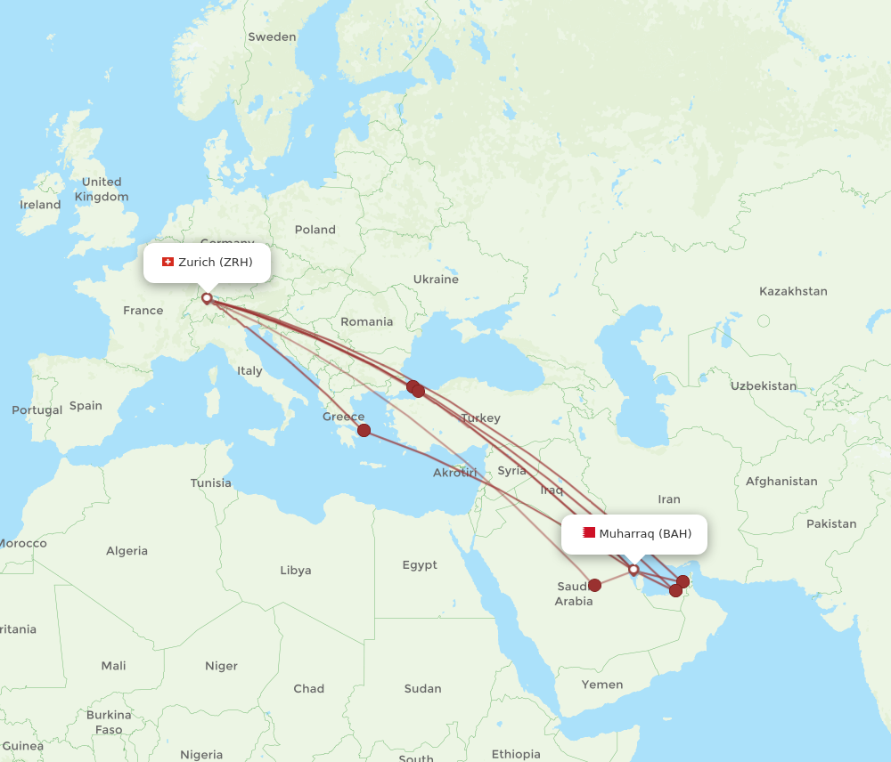 BAH to ZRH flights and routes map